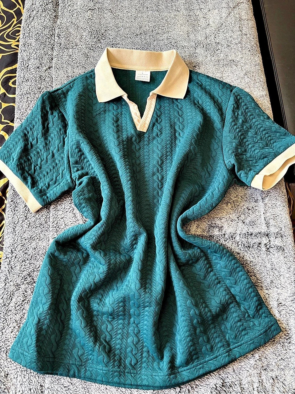 Textured Polo Top in turquoise & beige Size Large